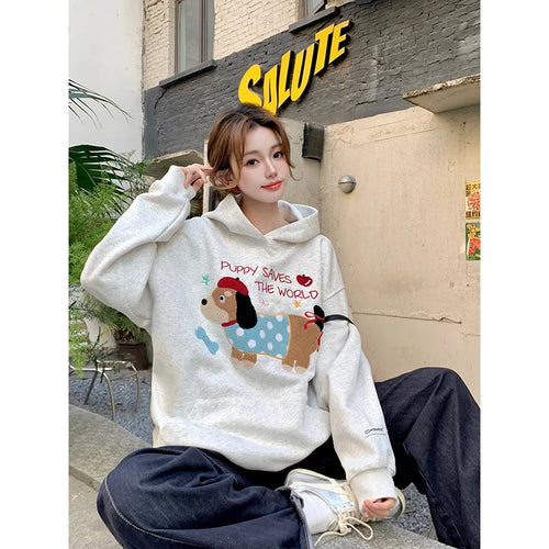 Load image into Gallery viewer, Autumn Winter New Grey Letter Puppy Embroidery Velvet Sweatshirt Thick Korean Women Loose Long Sleeved Vacation Hoodie Tops Chic
