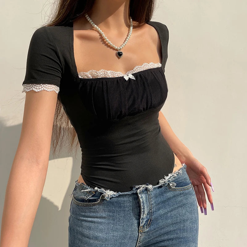 Fashion Square Neck Summer Bodysuit Women Lace Trim Bow Folds One Piece Body Streetwear French Rompers Elegant Tops