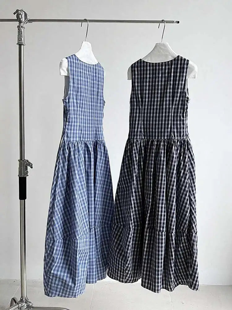 Women Dark Blue Plaid Pocket Vintage Long Elegant Vest Dress New V-Neck Sleeveless Fashion Tide Spring Summer 2025 1DJ0667