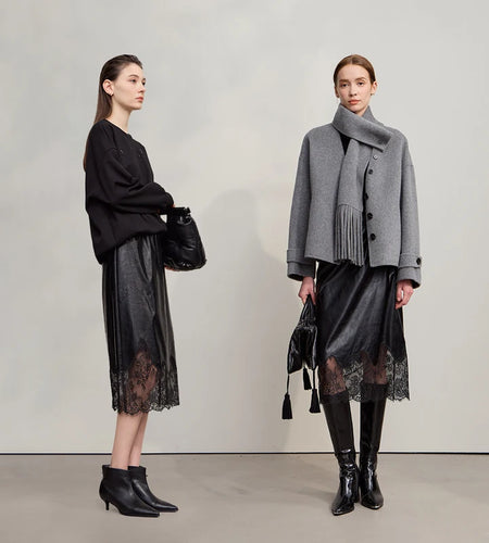 Women's Skirt 2025 Autumn New Minimalist Versatile Clothing Ladies Leather Splicing Lace Solid A-line Midi Skirt 12543095