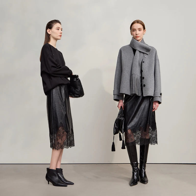 Women's Skirt 2025 Autumn New Minimalist Versatile Clothing Ladies Leather Splicing Lace Solid A-line Midi Skirt 12543095