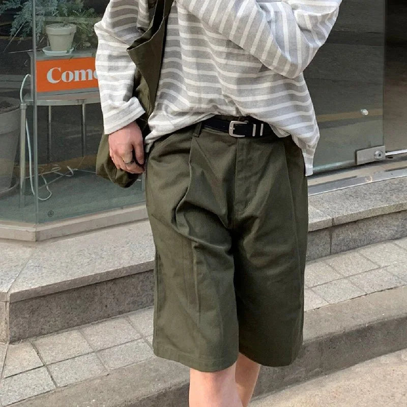 High Street Men's Casual Shorts Folded Straight Loose Bottom Wide Leg Solid Color Male Trousers Summer Trend 9C6743