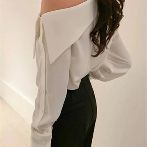 Load image into Gallery viewer, Elegant Women Sexy Korean One Black Top Spring Summer Leisure Versatile Women&#39;s Off The Shoulder Long Sleeved White Blouses
