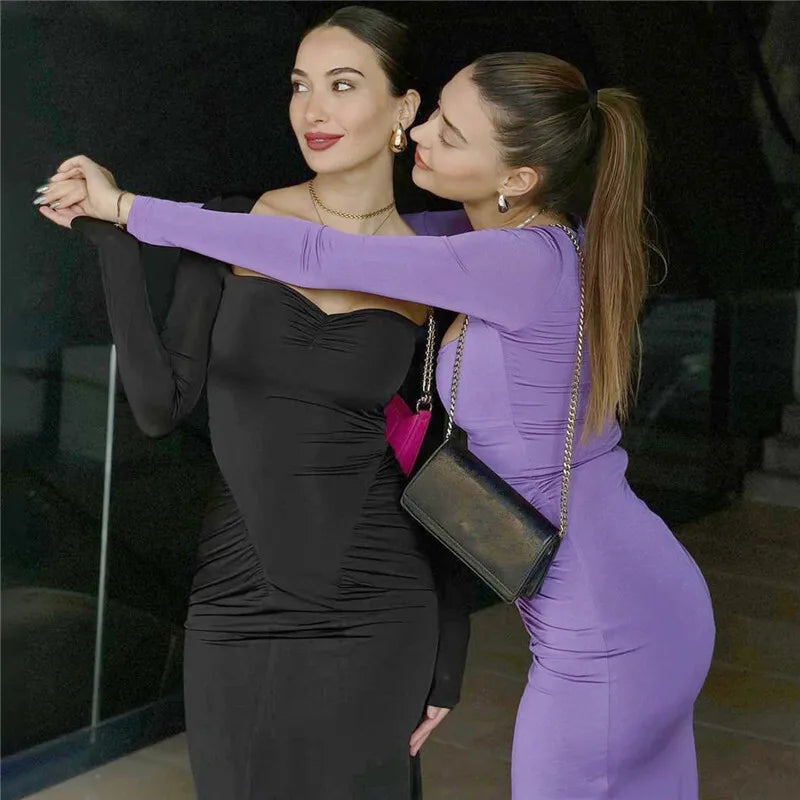 Square Collar Long Sleeve Sexy Long Dress For Women Gown Fashion Elegant Autumn Solid Bodycon Maxi Dress Clubwear