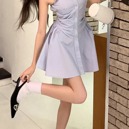 Load image into Gallery viewer, Sleeveless High Street Female Shirt Dress Slim Waist Pleated Solid Color Women Dresses Single Breasted Fashion Streetwear
