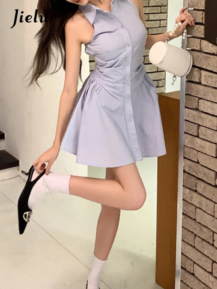 Sleeveless High Street Female Shirt Dress Slim Waist Pleated Solid Color Women Dresses Single Breasted Fashion Streetwear