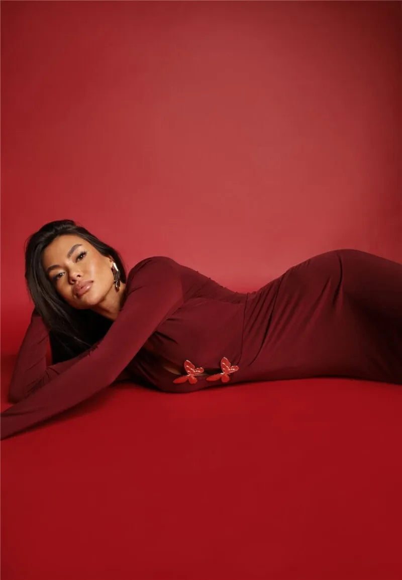 Two Butterfly Long Sleeve Sexy Maxi Dress For Women Gown Fashion Hollow Out V Neck Backless Bodycon Club Long Dress