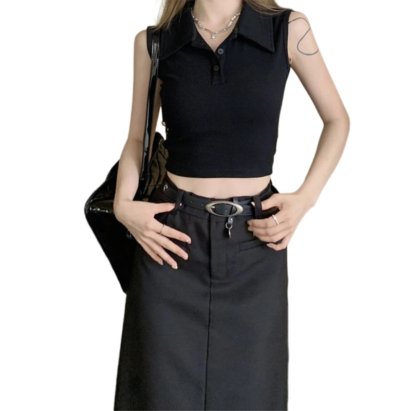 y2k Tank Top Women Summer Clothes Solid Color Turn Down Collar Buttons Sleeveless Tshirt Vest 2000s Clothing Streetwear