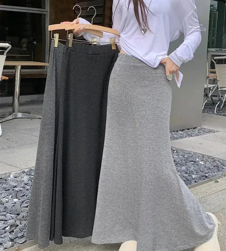 Spring Summer Korean Fashion Black Slim Vacation Long Skirt Women Grey High Waist Elegant Pleated Fishtail Skirt Simplicity Chic