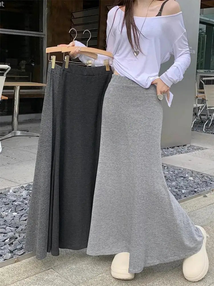 Spring Summer Korean Fashion Black Slim Vacation Long Skirt Women Grey High Waist Elegant Pleated Fishtail Skirt Simplicity Chic