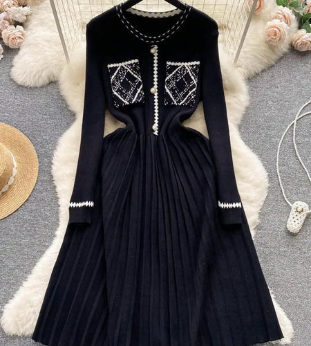 Beige Patchwork Knit Sweater Long Dress Woman Clothes Casual Autumn Winter Korean Slim Long Sleeve Elegant Black Pleated Dresses