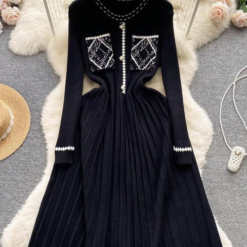 Load image into Gallery viewer, Beige Patchwork Knit Sweater Long Dress Woman Clothes Casual Autumn Winter Korean Slim Long Sleeve Elegant Black Pleated Dresses

