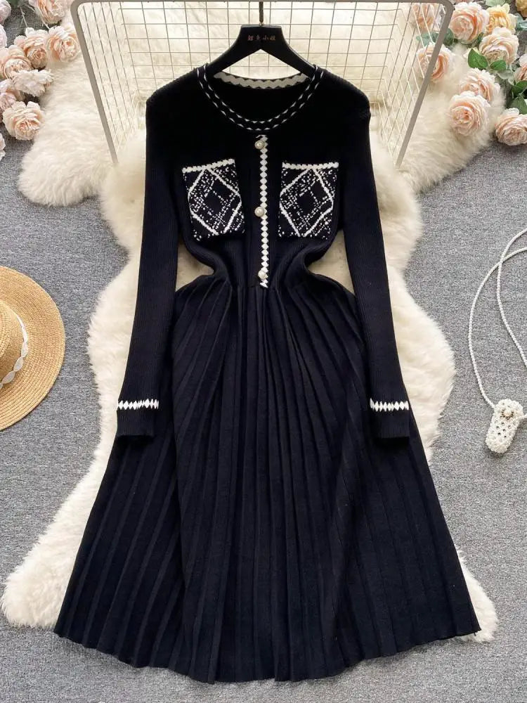 Beige Patchwork Knit Sweater Long Dress Woman Clothes Casual Autumn Winter Korean Slim Long Sleeve Elegant Black Pleated Dresses