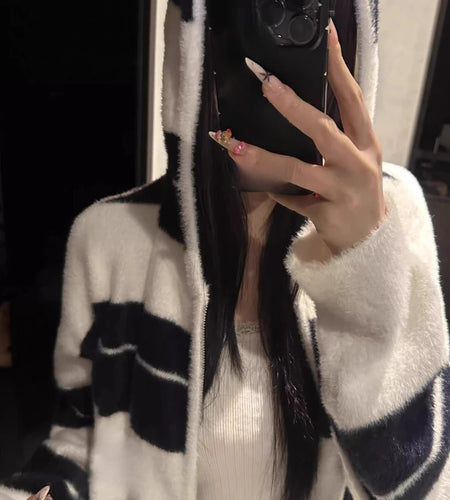 Y2k Aesthetic Contrast Color Hooded Cardigan Femme Striped Vintage Autumn Mohair Zipper Top Harajuku Casual Loose Women Sweaters