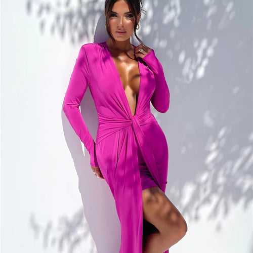 Load image into Gallery viewer, Deep V Neck Long Sleeve Split Maxi Dress Women Elegant Clubwear 2023 Autumn New Bodycon Ruched Sexy Long Dress

