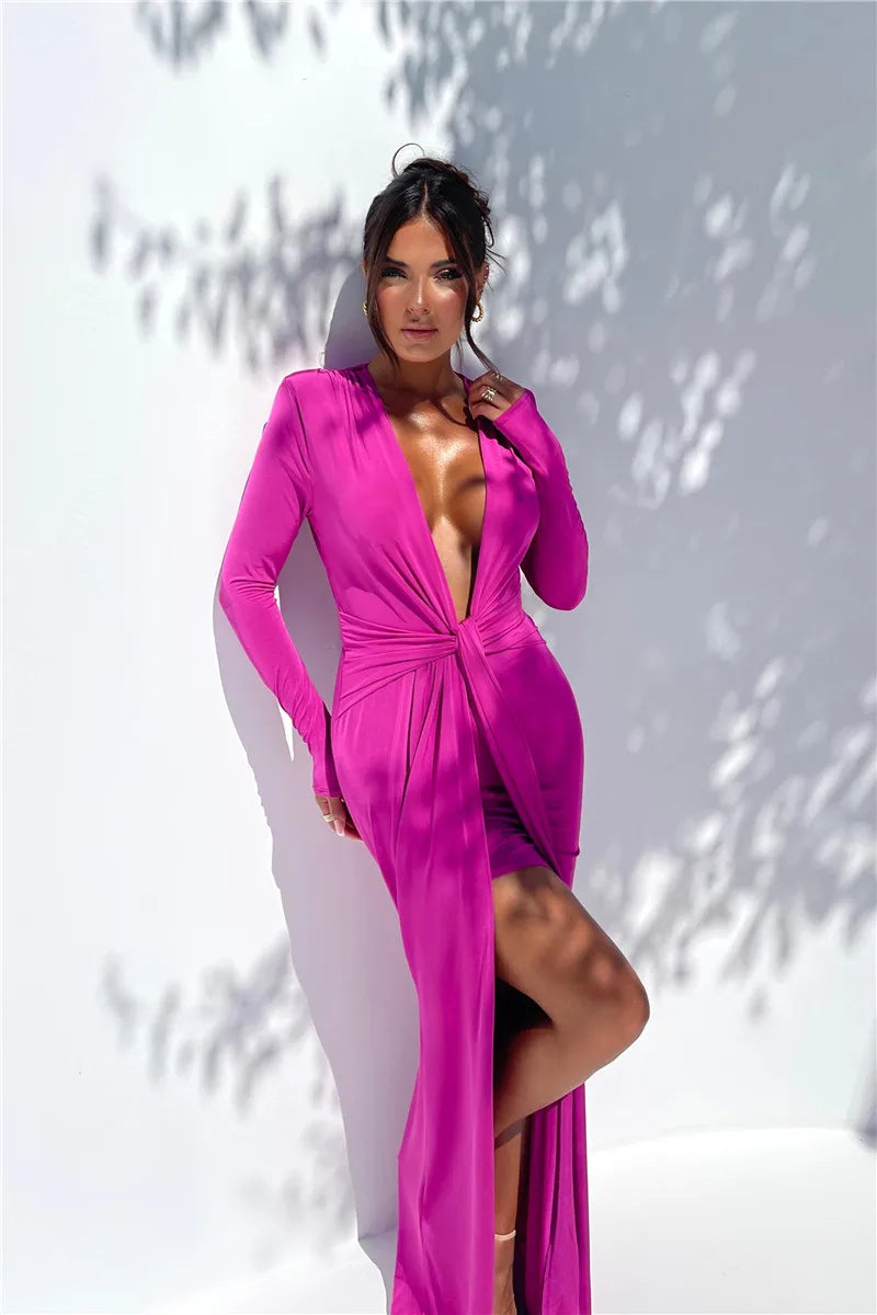 Deep V Neck Long Sleeve Split Maxi Dress Women Elegant Clubwear 2023 Autumn New Bodycon Ruched Sexy Long Dress
