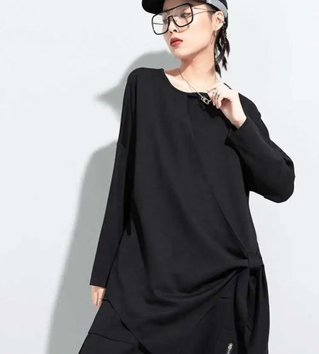 Women Black Bandage Bow Irregular Big Size T-shirt New Round Neck Long Sleeve  Fashion Tide  Spring Autumn 2025 1DC671