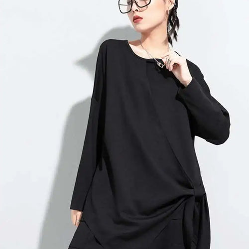 Load image into Gallery viewer, Women Black Bandage Bow Irregular Big Size T-shirt New Round Neck Long Sleeve  Fashion Tide  Spring Autumn 2025 1DC671
