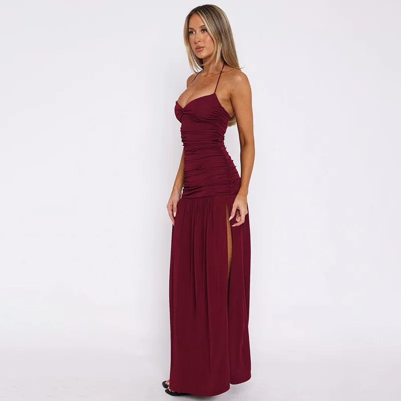Spaghetti Strap Split Sexy Maxi Dress For Women Elegant Halter Sleeveless Backless High Waist Bodycon Club Party Dress