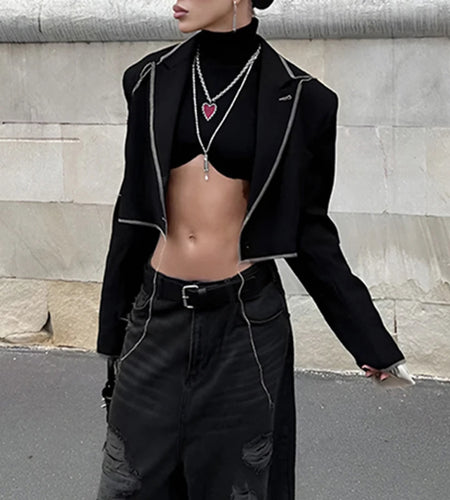 Grunge Stitched Stripe Tassel Fashion Autumn Jacket Women Cardigan Cropped Streetwear Distressed Winter Coat Design