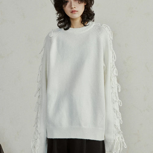 Load image into Gallery viewer, Black Tassels Big Size Knitting Sweater Round Neck Long Sleeve Women Pullovers New Fashion Tide Spring Autumn 2025 1DH4320
