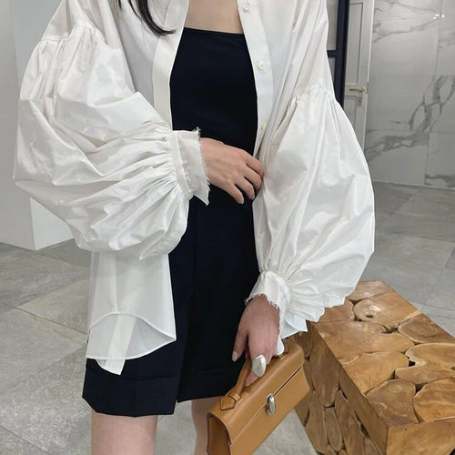 Load image into Gallery viewer, Solid Patchwork Single Breasted Casual Loose Shirts For Women Round Neck Lantern Sleeve Minimalist Shirt Female
