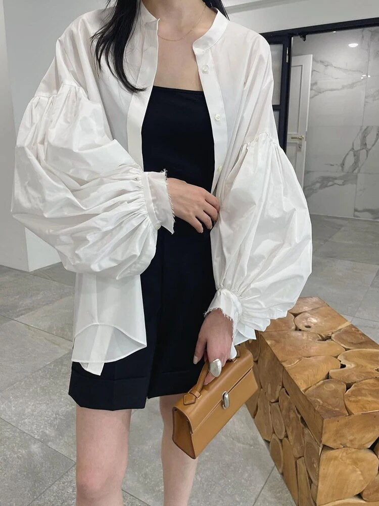 Solid Patchwork Single Breasted Casual Loose Shirts For Women Round Neck Lantern Sleeve Minimalist Shirt Female