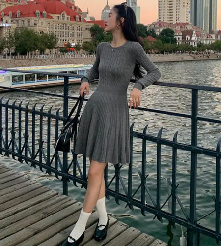 Autumn Winter Black Round Neck Long Sleeve Knitted Short Dresses Women Grey Elegant High Waist Pleated A-line Mini Dress Fashion