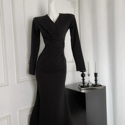 Load image into Gallery viewer, French Fashion Women's Beige V Neck Long Sleeve Dress 2024 Autumn New Black High Waist Wrapped Hip Pleated Fishtail Dress Simple
