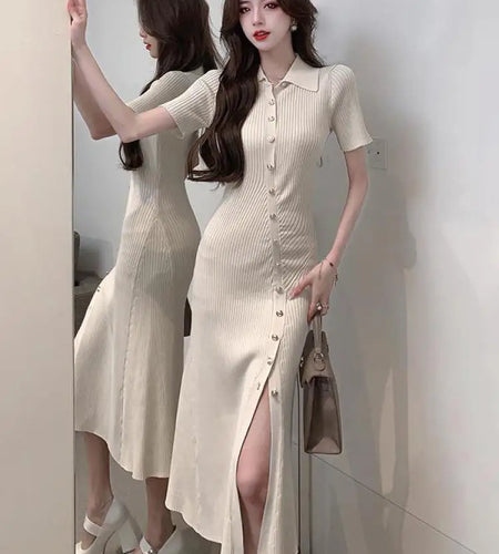 Korean Women's Black Temperament Knitted Office Lady Short Sleeve Dress Summer Beige Single Breasted Split Long Dress Simplicity