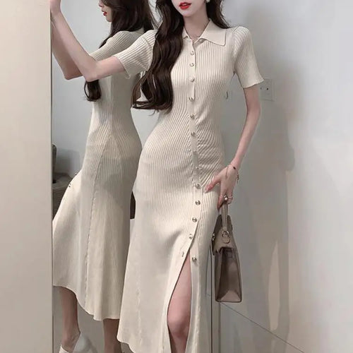 Load image into Gallery viewer, Korean Women's Black Temperament Knitted Office Lady Short Sleeve Dress Summer Beige Single Breasted Split Long Dress Simplicity

