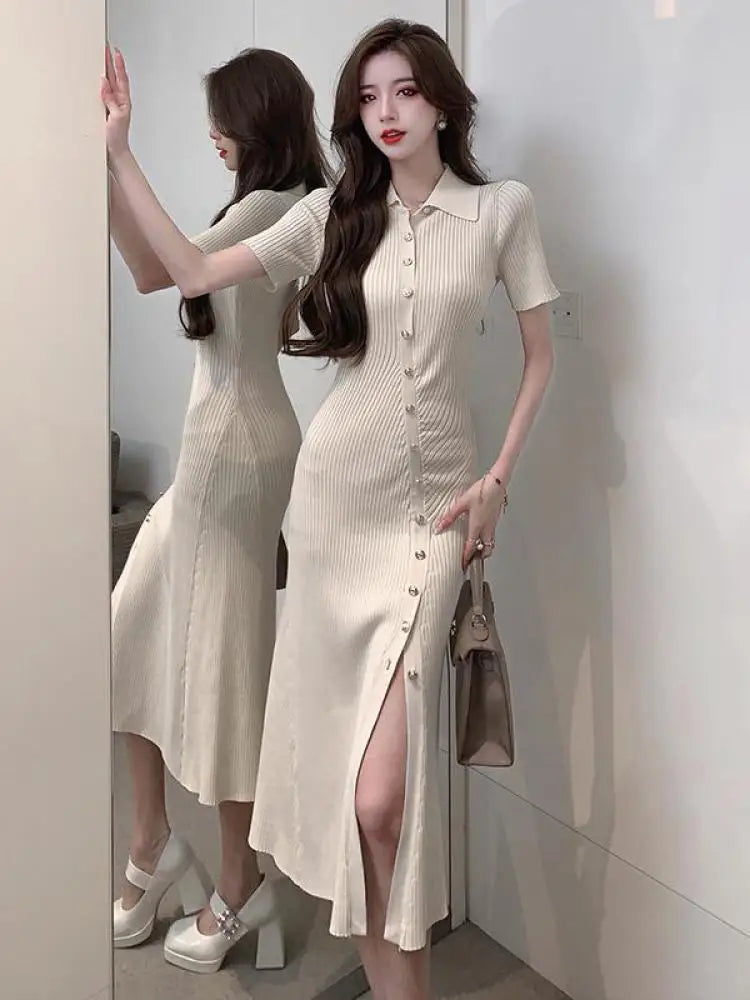 Korean Women's Black Temperament Knitted Office Lady Short Sleeve Dress Summer Beige Single Breasted Split Long Dress Simplicity