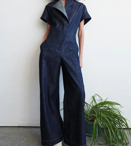 Womens One Piece Wide Leg Jumpsuit Pants 2025 New Summer Loose Blue V-neck Short Sleeves High Waisted Jumpsuits Women