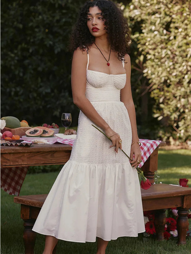 Elegant White Spaghetti Strap Midi Dress For Women Fashion Strapless Sleeveless Backless A-line Club Party Dress