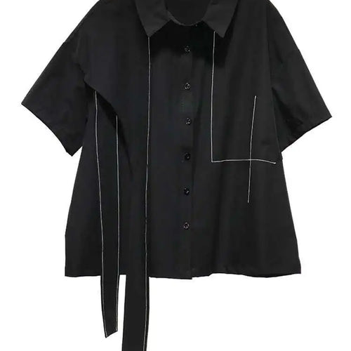 Load image into Gallery viewer, Women Black Topstitched Ribbon Big Size Blouse New Lapel Short Sleeve Shirt Fashion Tide Spring Summer 2025 1DJ0411
