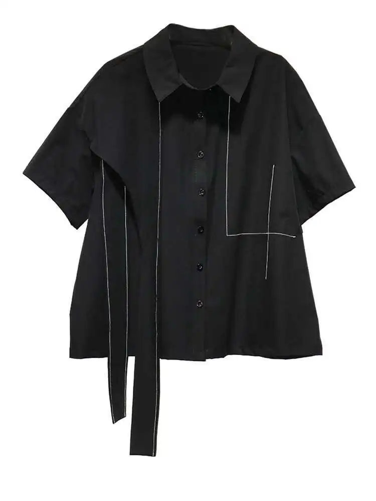 Women Black Topstitched Ribbon Big Size Blouse New Lapel Short Sleeve Shirt Fashion Tide Spring Summer 2025 1DJ0411