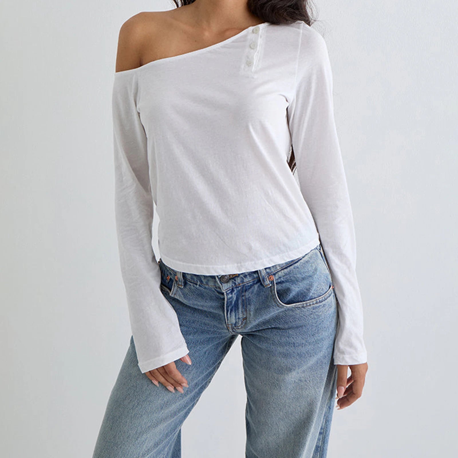 Slash Neck Crop Top y2k Women Clothes Off One Shoulder Long Sleeve Loose Fit T Shirt Spring Fall Clothing Streetwear