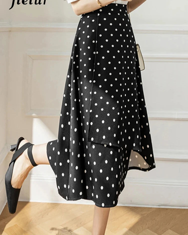 Irregular Dot Printed Summer Female Skirt Elegant Office Ladies New High Waist A-line Black Casual Chic Women's Skirts