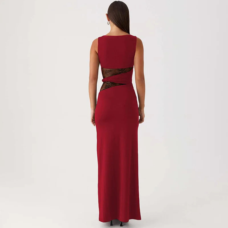 Sheer Lace Sleeveless Sexy Maxi Dress For Women Gown Summer Patchwork Fashion O Neck Bodycon Long Tank Dress Vestido