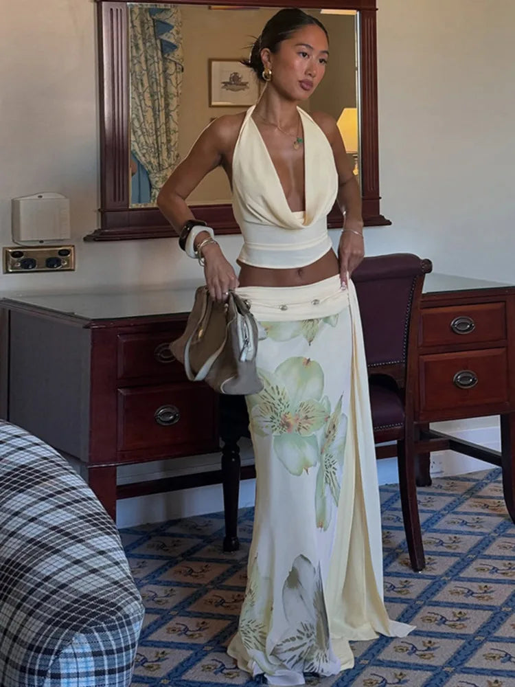 Mesh Print Skirt Two Piece Sets Women Halter Backless Tank Tops And Maxi Skirt Female Slim Summer Split Dress Sets