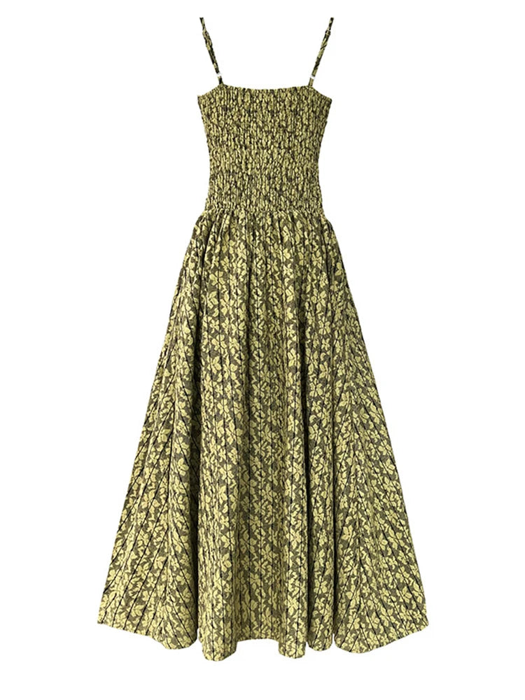 Women Green Printed Bandage Long Spaghetti Strap Dress New V-Neck Sleeveless Fashion Tide Spring Summer 2025 1DJ1311