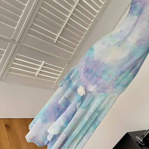 Load image into Gallery viewer, Summer French Blue Tie Dye Backless Irregular Long Dresses Women Vintage Elegant Sexy Sleeveless Ruffles Party Dress Ladies Boho
