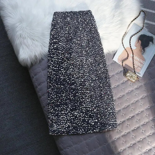 Load image into Gallery viewer, Korean Style Fashion Sequin Design Long Skirts For Women All Season Ladies Casual Streetwear All Match Sexy Split Midi Skirt
