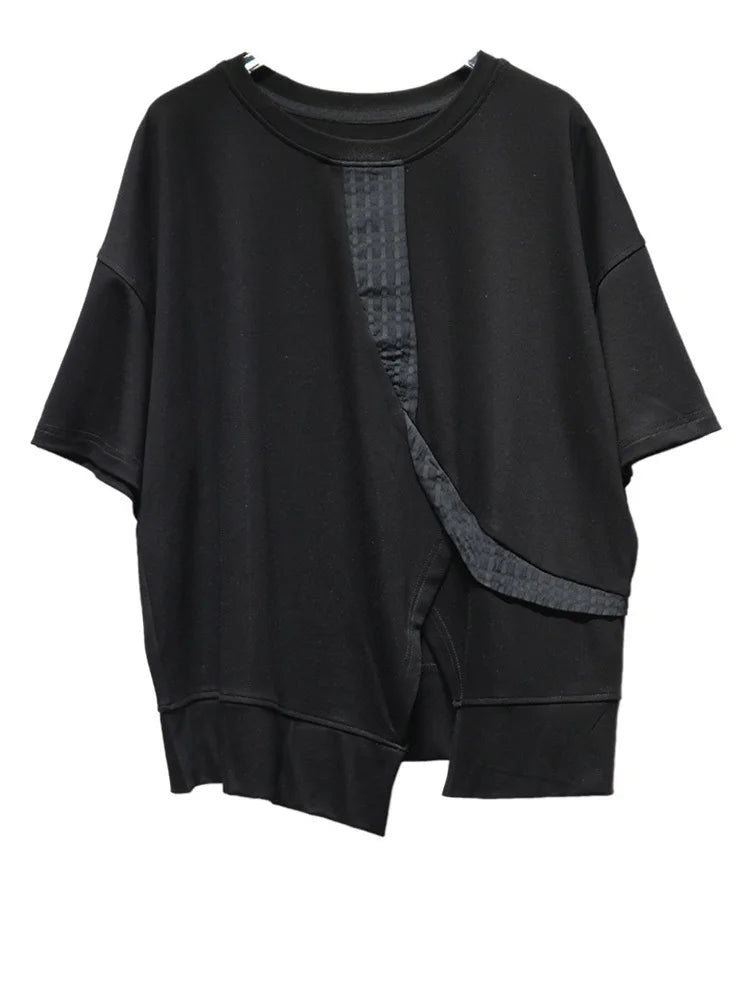 Women Black Hem Slit Irregular Big Size T-shirt New Round Neck Short Sleeve Fashion Tide Spring Summer 2025 1DJ0408