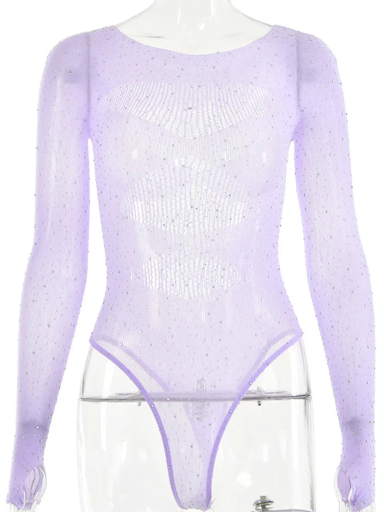Women's Sexy Spicy Girl High Elastic Knitted Bodysuit, Perspective, Long Sleeved, Hollow Hot Diamond, Summer Beach 2024