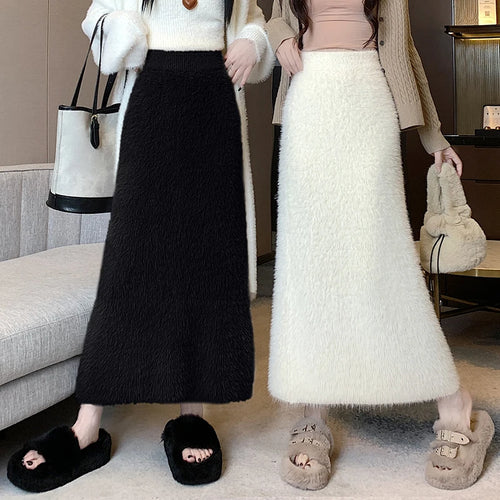Load image into Gallery viewer, Autumn Winter 2024 New Black White Elegant Mink Long Skirt French Women Brown Elastic High Waist Vacation Party Knit Skirt Trend
