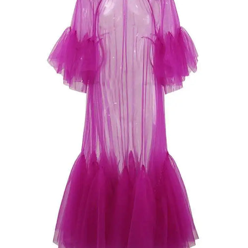 Load image into Gallery viewer, Women Purple Ruffles Mesh Perspective Big Size Long Dress New Round Neck Half Sleeve Fashion Spring Summer 2025 JR7711
