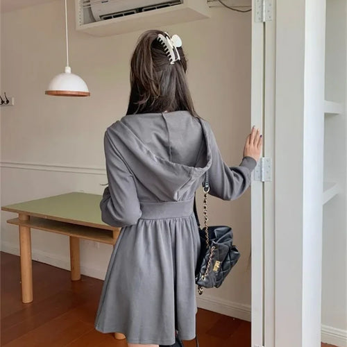 Load image into Gallery viewer, Autumn Korean Style Zipper Hooded Dress Women Kpop Wrap Long Sleeve Mini Short Dresses Fashion

