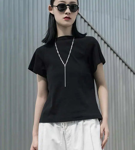 Women Gray Brief White Plain Color Casual T-shirt New Round Neck Short Sleeve Fashion Tide Spring Summer 2025 1W028
