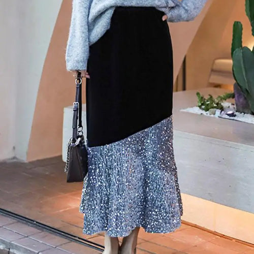 Load image into Gallery viewer, Autumn Winter French Vintage Sequin Patchwork Velvet Fishtail Long Skirts Women's 2024 Elegant High Waist Festival Skirt Street
